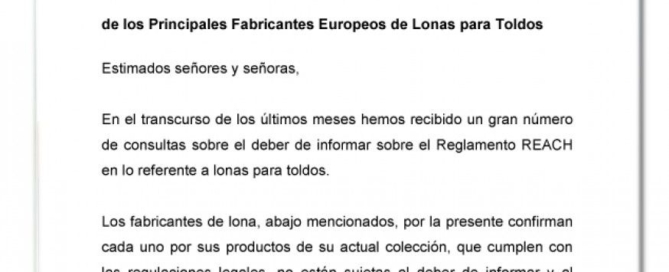 Manifiesto Común sobre la Norma Reach de los principales fabricantes europeos de lonas para toldo